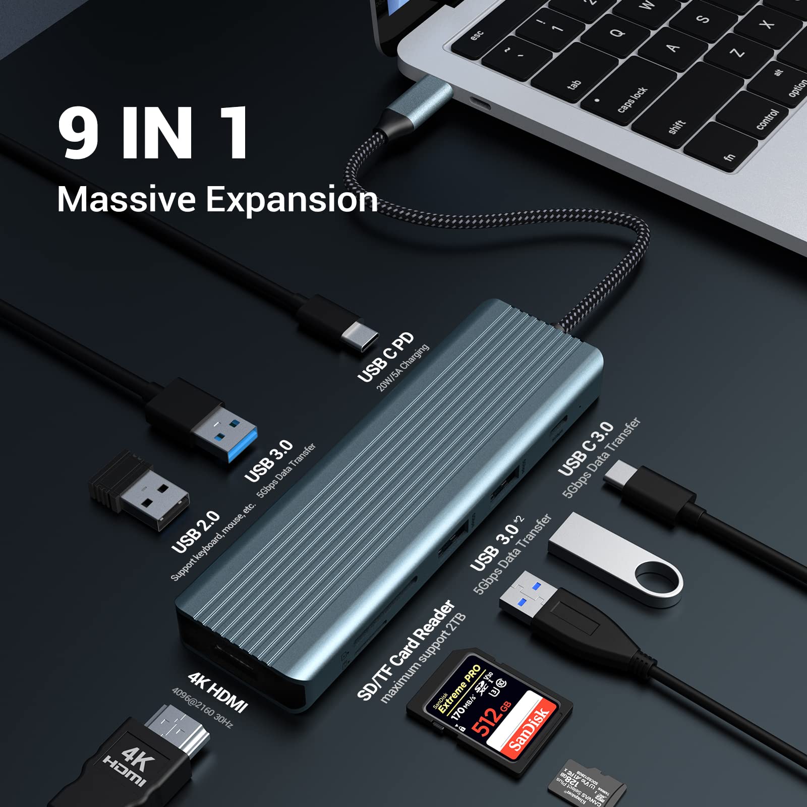 USB Hub 3.0, oditton Docking Station 9 in 1 USB C Hub Adapter for MacBook in Mac OS & Windows (4K HDMI, 2*USB 3.0 Type-A, USB-C Data Transfer Port, 2*USB 2.0 Type-A, SD/TF, USB C PD)