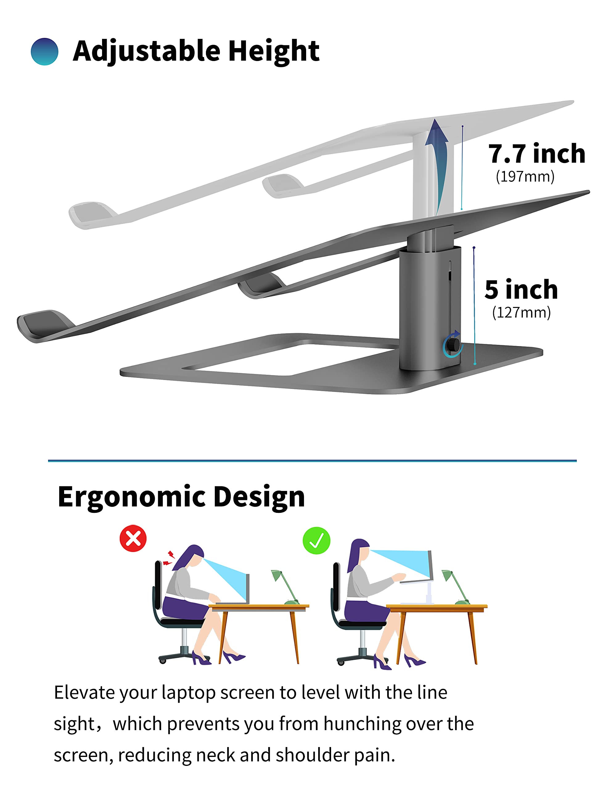 SOUNDANCE Adjustable Laptop Stand for Desk, Computer Stand, Ergonomic Laptop Riser Holder Compatible with 10 to 17.3 Inches Notebook PC Computer, Aluminum Grey