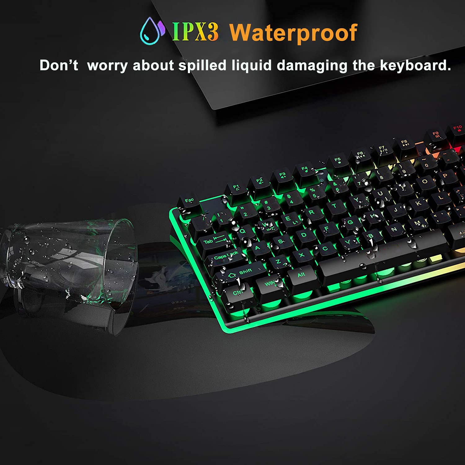 Wireless Gaming Keyboard Rainbow LED Backlit 7 Color Changing Multimedia Keys, Chroma Rechargeable Mechanical Ergonomic Full Size Waterproof Dustproof for Computer Mac Gamer, PC, Desktop, Laptop