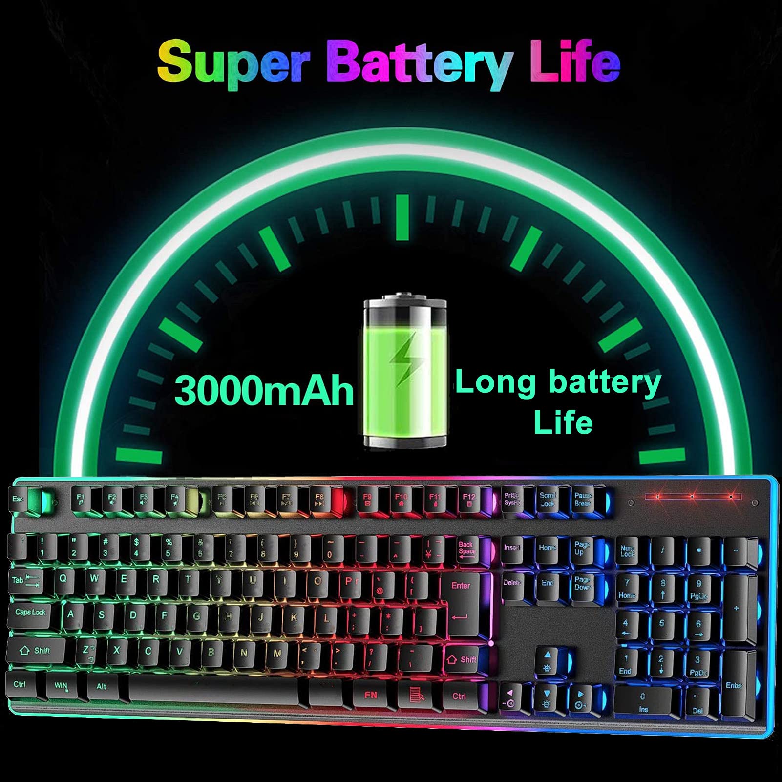 Wireless Gaming Keyboard Rainbow LED Backlit 7 Color Changing Multimedia Keys, Chroma Rechargeable Mechanical Ergonomic Full Size Waterproof Dustproof for Computer Mac Gamer, PC, Desktop, Laptop