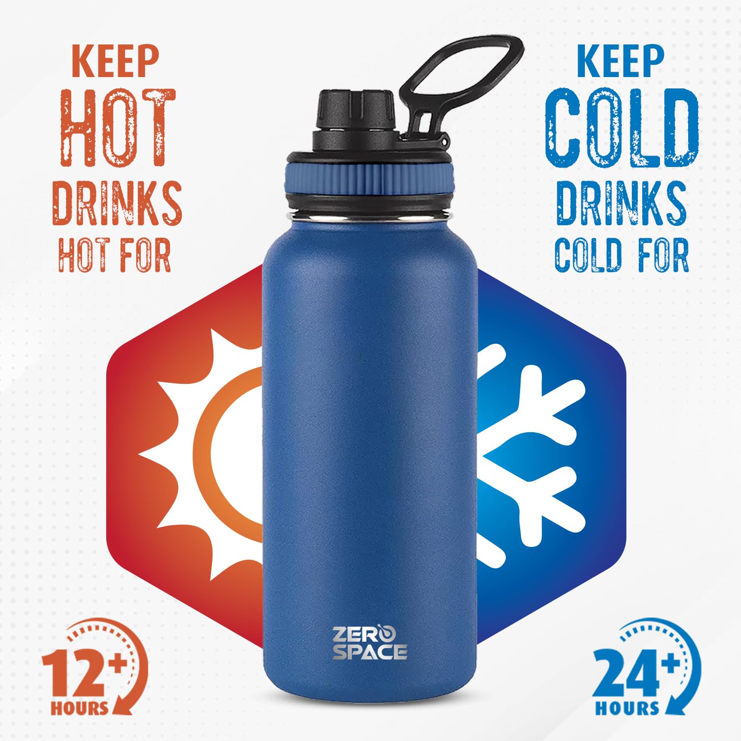 ZeroSpace™ Stainless Steel Water Bottle 1L Insulated Water Flask for Kids School Double Wall 32oz Water Vacuum Flask Thermos Flask for Hot & Cold Water Sports Water Bottle (Navy Blue - 32oz)