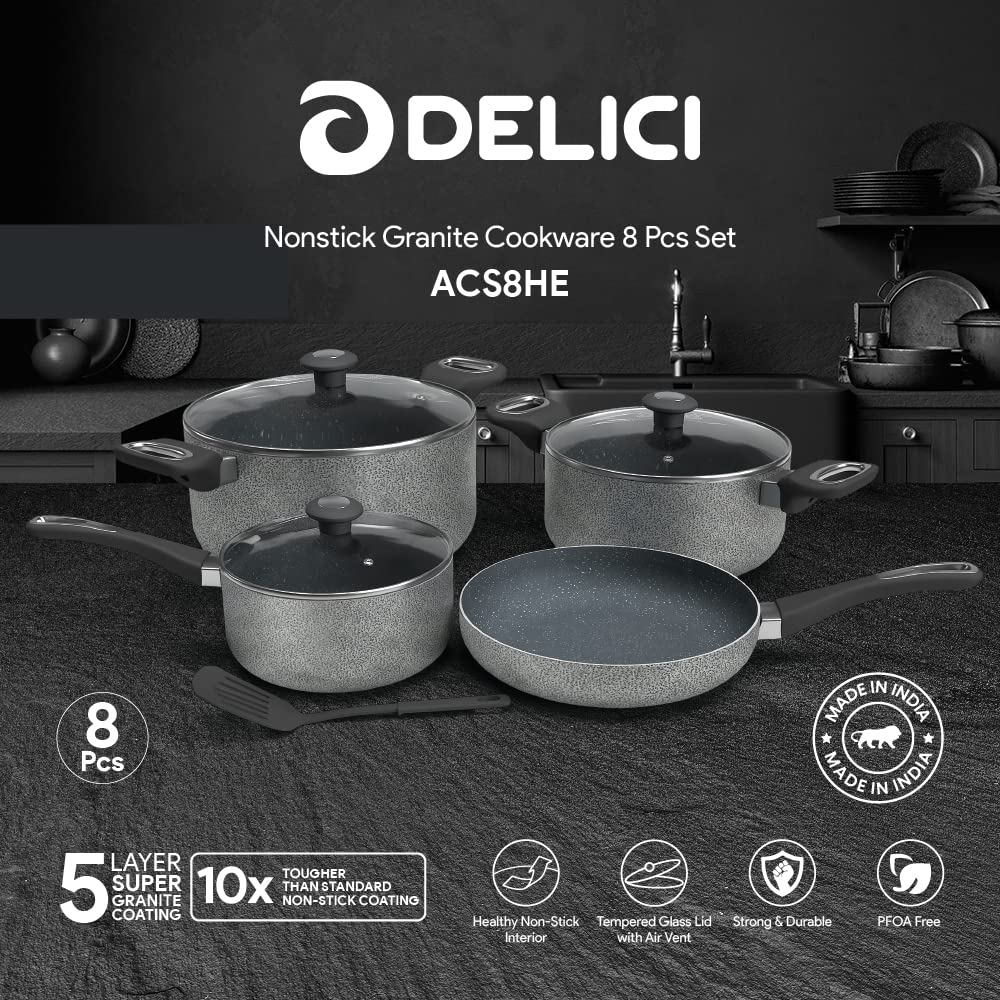 DELICI ACS8HE 8Pcs Nonstick Granite Cookware Set with 5 layer Super Coating, Medium