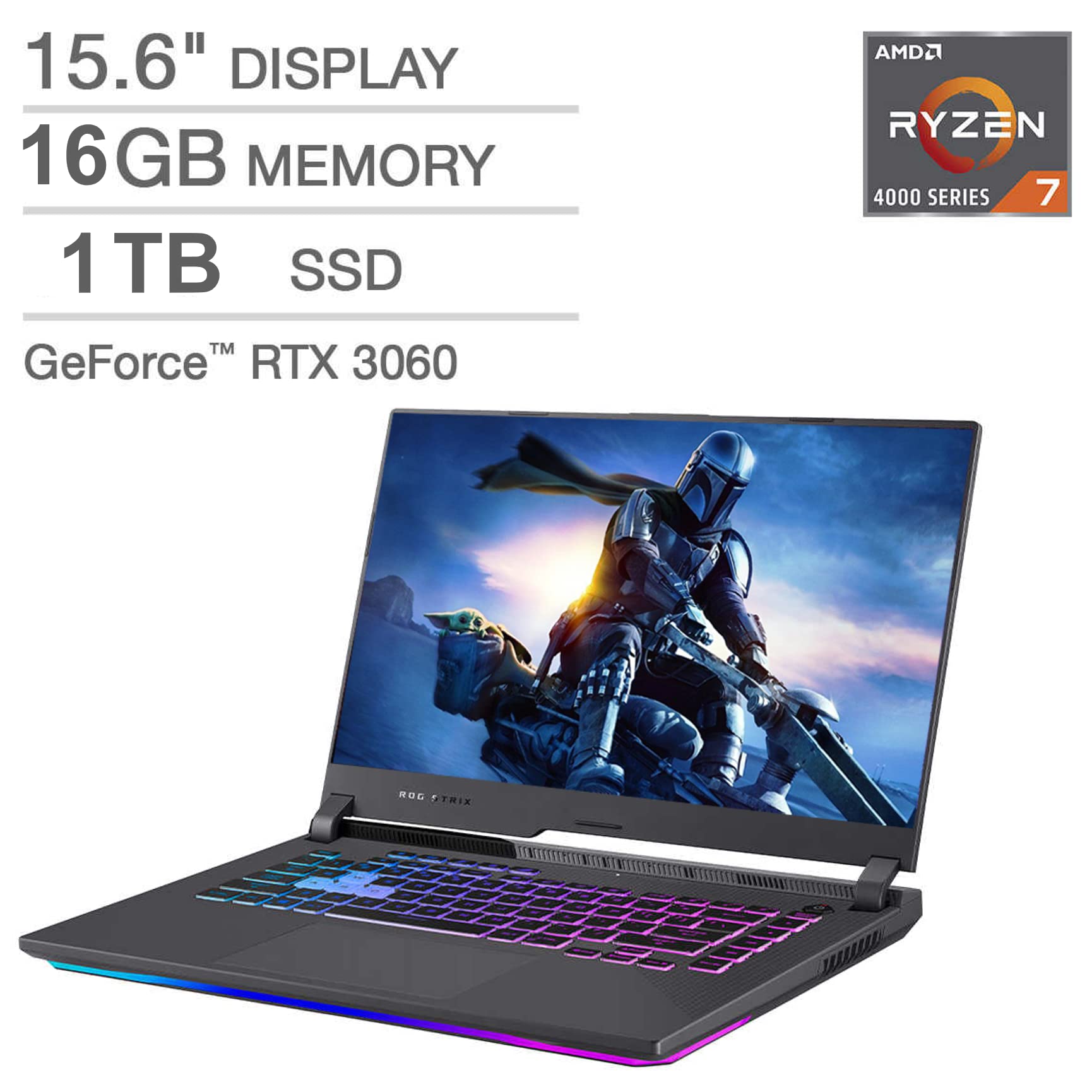 Asus 15.6'' ROG Strix G15 Laptop, 15.6'' FHD 144Hz, AMD Ryzen 7 4800H - GeForce RTX 3060, Win 11 Home, with Mouse Pad (16GB RAM | 1TB PCIe SSD)