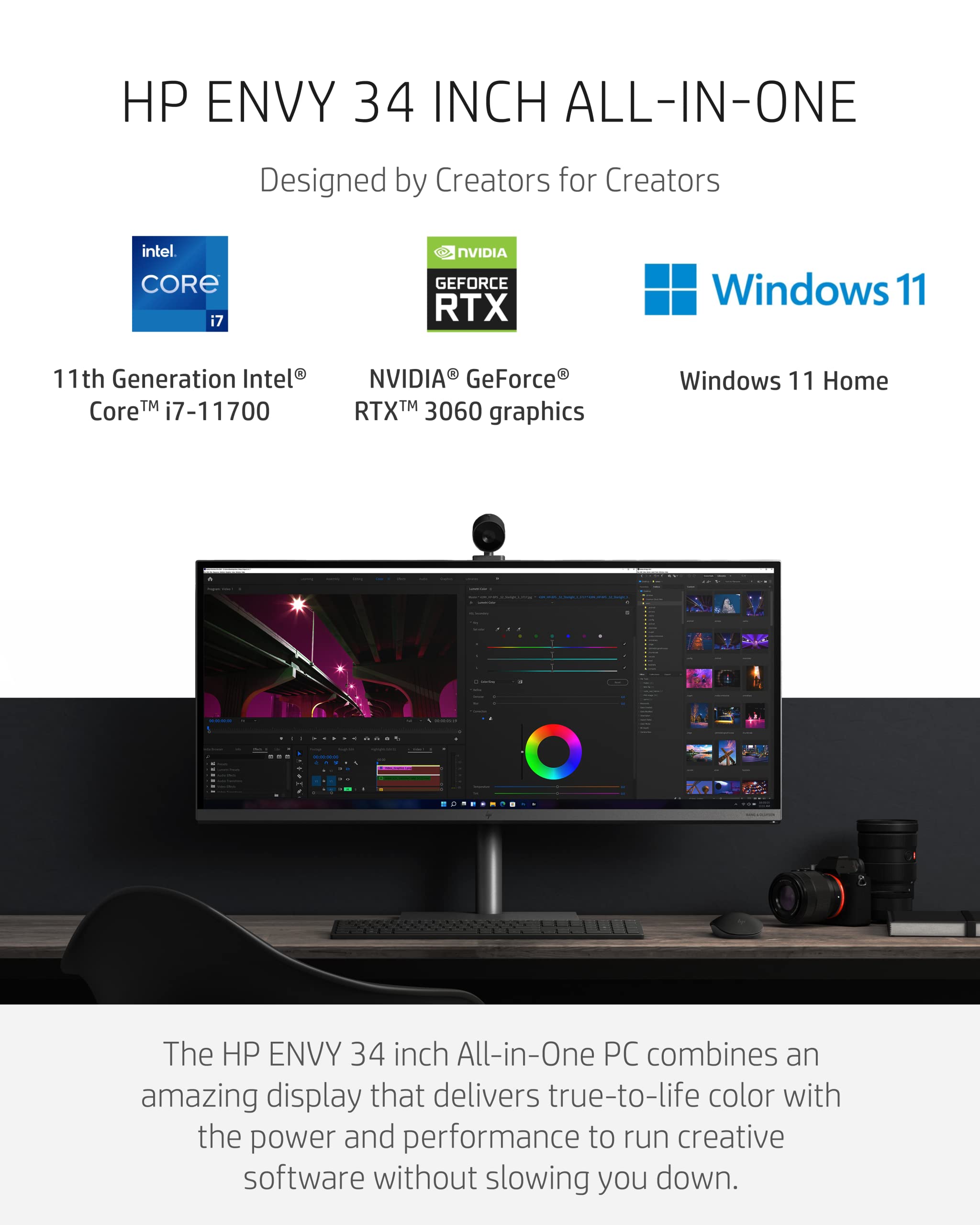 HP Envy 34” All-in-One Desktop, NVIDIA GeForce RTX 3060, 11th Gen Intel Core i7-11700 Processor, 32 GB RAM, 1 TB SSD, WUHD IPS Display, Windows 11 Home, Detachable Magnetic Camera (34-c0050, 2021)