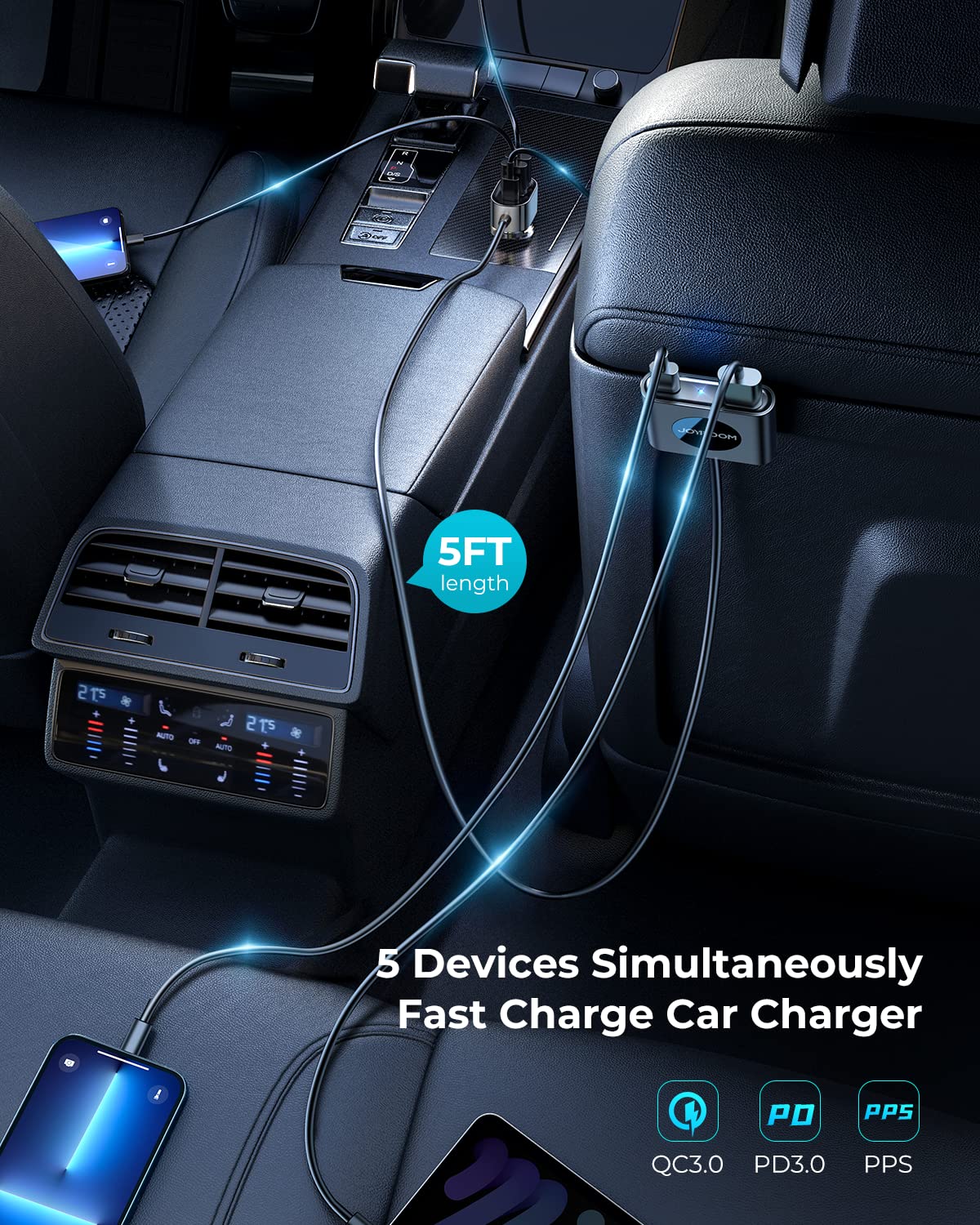 JOYROOM USB C Car Charger, 72W Super Fast Car Charger 5 Multi Port, PD3.0&PPS Double Type C Adapter, QC3.0 Car Cell Phone Charger Fast Charge for iPhone 14/13 Samsung Android