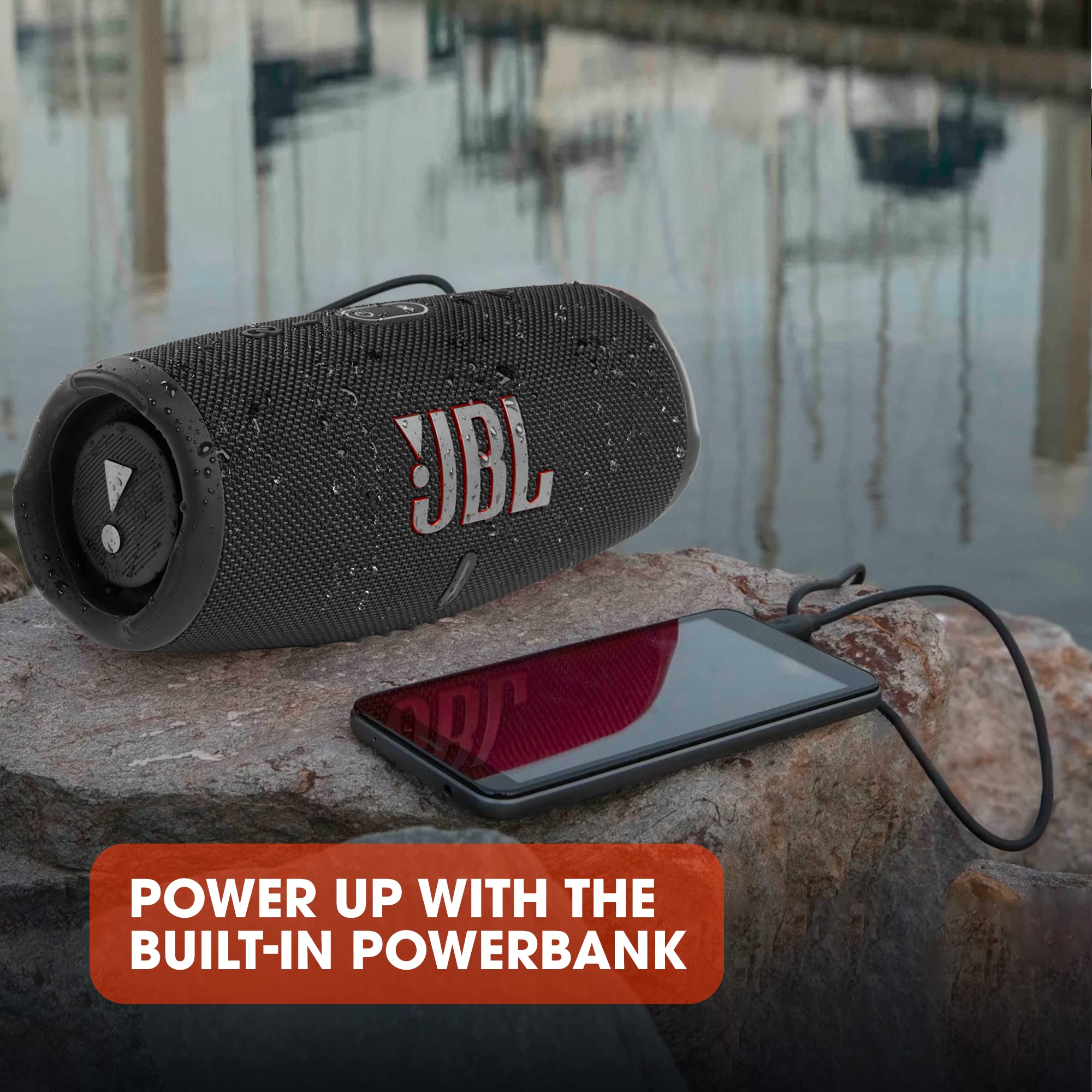 JBL Charge 5 Portable Speaker, Built-In Powerbank, Powerful JBL Pro Sound, Dual Bass Radiators, 20H of Battery, IP67 Waterproof and Dustproof, Wireless Streaming, Dual Connect - Black, JBLCHARGE5BLK