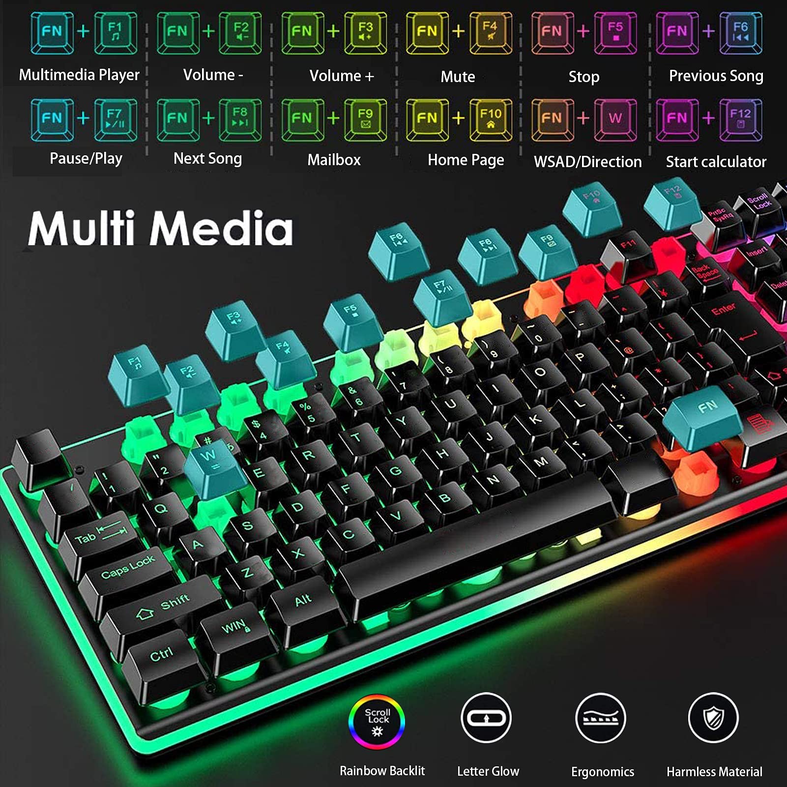 Wireless Gaming Keyboard Rainbow LED Backlit 7 Color Changing Multimedia Keys, Chroma Rechargeable Mechanical Ergonomic Full Size Waterproof Dustproof for Computer Mac Gamer, PC, Desktop, Laptop