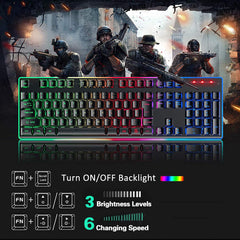 Wireless Gaming Keyboard Rainbow LED Backlit 7 Color Changing Multimedia Keys, Chroma Rechargeable Mechanical Ergonomic Full Size Waterproof Dustproof for Computer Mac Gamer, PC, Desktop, Laptop