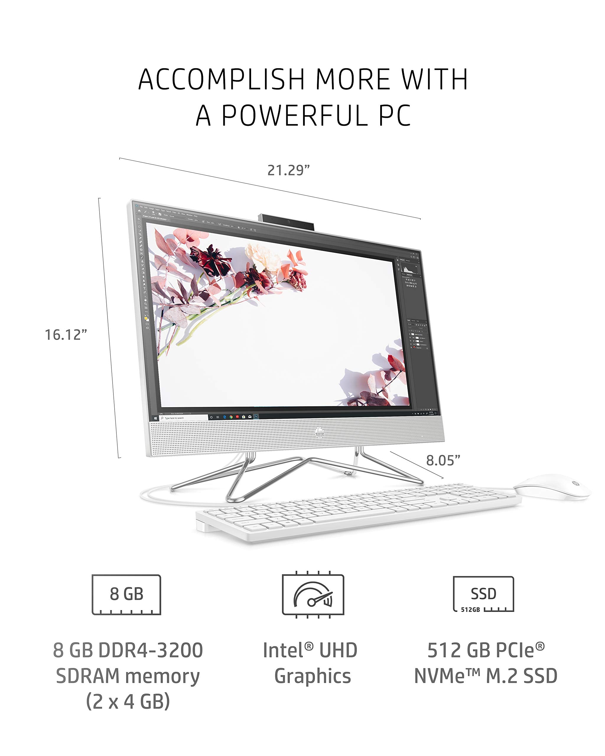 HP All-in-One Desktop PC, 11th Gen Intel Core i3-1115G4 Processor, 8 GB RAM, 512 GB SSD Storage, Full HD 23.8” Display, Windows 10 Home, Remote Work Ready, Mouse and Keyboard (24-dp1250, 2021)