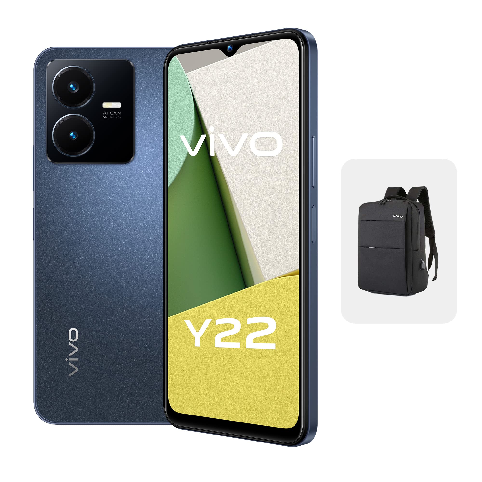 vivo Y22 4G (Starlit Blue, 4GB RAM, 128GB) 50MP Rear Camera | 5000 mAh Battery | 18W Charging | Snapdragon 680 Processor | 12 Months Warranty + Backpack