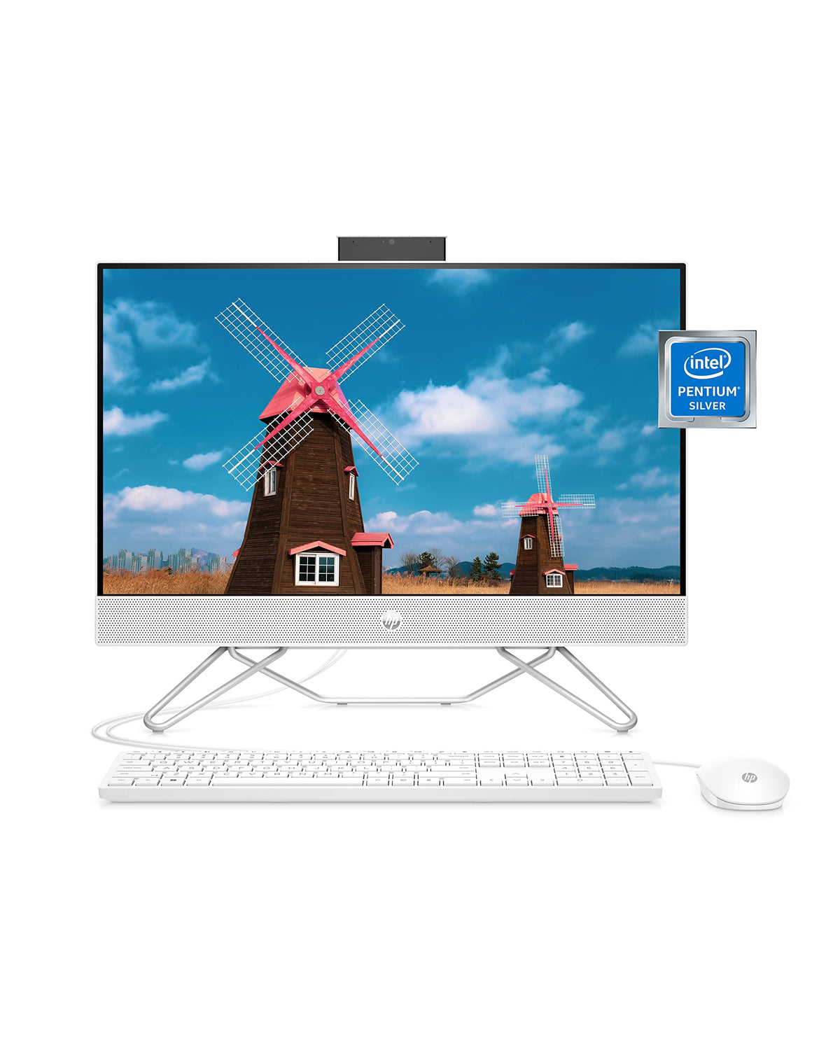 HP All-in-One Bundle PC, Intel Pentium Silver Processor, Intel UHD Graphics 605, 8 GB SDRAM, 256 GB PCIe SSD, Full HD Display, Windows 11 Home OS, Dual Computer Speakers, Wi-Fi (24-cb0120, 2022)